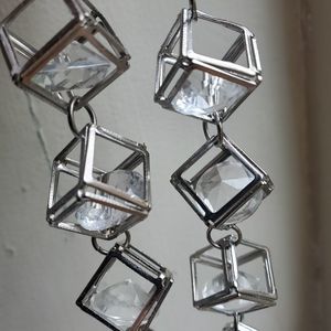 Unique long glam dangle earrings kinetic silver cubes with crystal gems